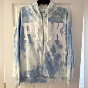 Pink Victoria's Secret blue and white tie dye zip up hoodie